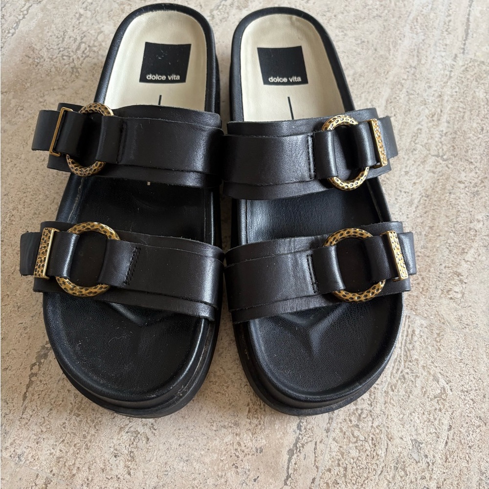 Dolce Vita Black Slides with Gold Accents